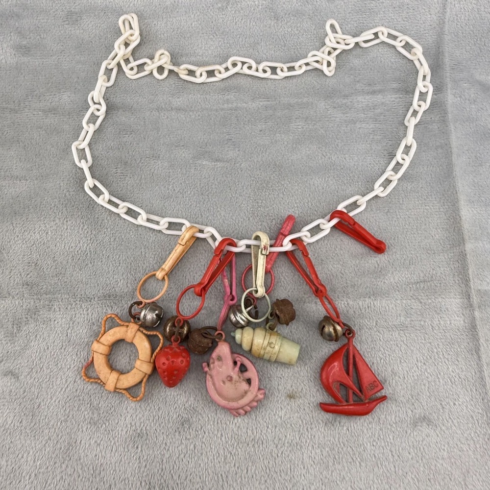 Vintage 80s Plastic Charm‎ Necklace Nautical Theme 24"